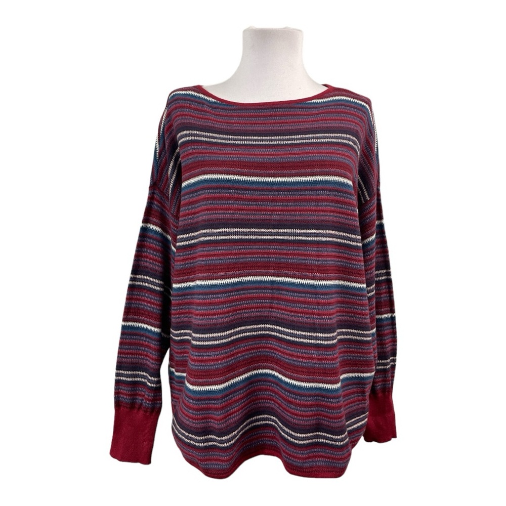 Chaps Women's Petite Large Lightweight Sweater Blouse Striped Burgundy Blue L/S